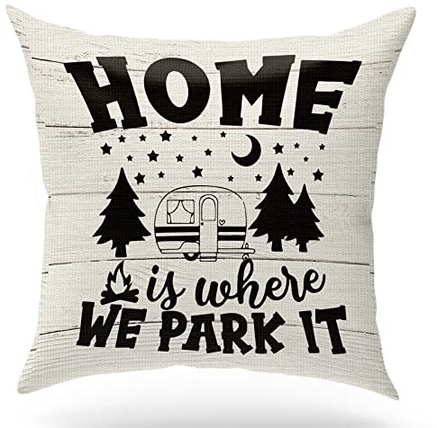 Camping-Schilder, Camper-Wohnmobil-Dekoration, Retro-Camping-Regeln, Baumwoll-Leinen-Kissenbezug, Home is where we park it, dekorative Wohnkultur, Wohnmobil-Dekoration, 45,7 x 45,7 cm (GMS45)