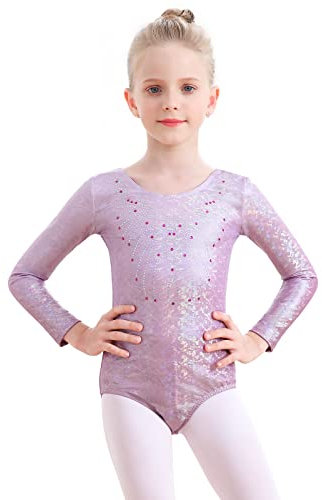 Monbessi Turnanzug Mädchen Langarm Glitzernde Kinder Gymnastikanzug Rundhalsausschnitt Dancewear 5-12 Jahre (110, Lila)