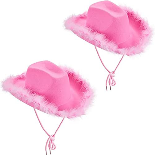 Qtinghua Cowboyhut für Damen, flauschiger Federbesatz, Halloween-Kostüm, Cowgirl-Hut für Cosplay, Kostümparty, Rollenspiel, Geburtstagsparty, Weiß, Rosa, Einheitsgröße