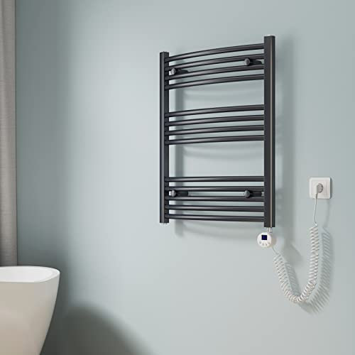 EMKE Radiatore da Bagno, 75 x 60cm, 300W, Scaldasalviette con Termostato, Curvo, Antracite colore, Termoarredo Asciugamani da Bagno