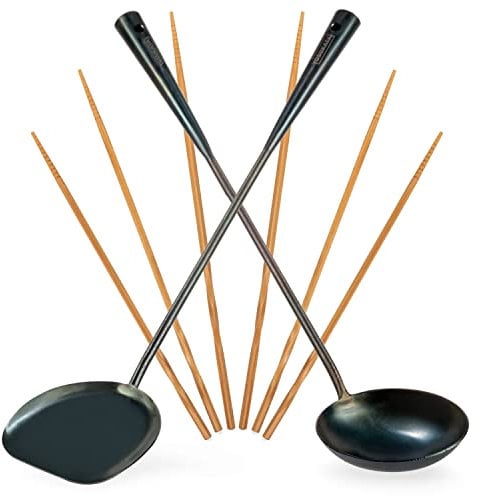 YOSUKATA Spatule et Louche Pour Poêle Wok 43,5 cm - Spatule Plancha en Acier au Carbone Pré-assaisonné et Louche Cuisine Professionnel, 3 Paires de Baguettes de Cuisine Chinoises