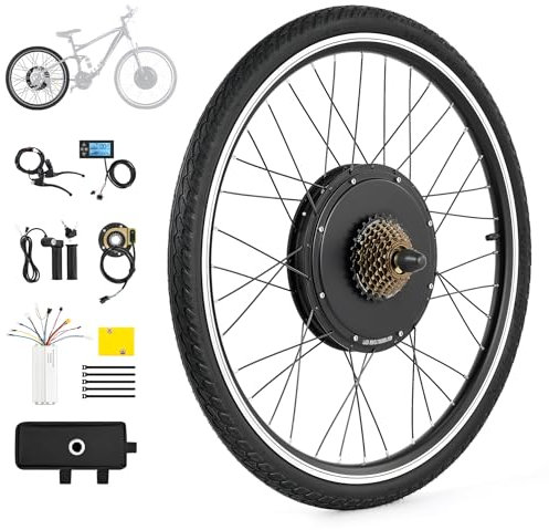 Viribus Kit de Conversion pour Vélo Électrique 48V 1000W Roue Arrière 26, Kit de E-Bike Moteur Moyeu Roue Électrique Roue Libre à 7 Vitesses à Entraînement Direct avec Affichage LCD & Système Pas