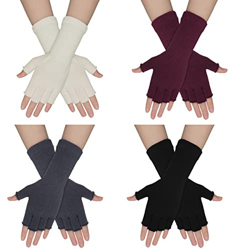 WLLHYF 4 Paar Fingerlose Handschuhe Halbfinger Handschuhe Winter Dehnbar Strickhandschuhe Fingerlose Fäustlinge für Damen und Herren Gängige Größe Mehrfarbig One Size