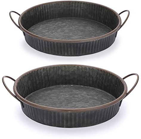 BSTKEY Lot de 2 plateaux de service ronds en fer avec poignées, style rustique industriel, 30 cm + 26 cm