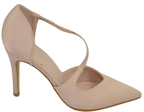 Scarpe Decollete Donna Elegante Scollato a Punta in Raso Cipria Tacco 10 Spillo Comodo Moda Cinturino Cerimonia (40 EU)
