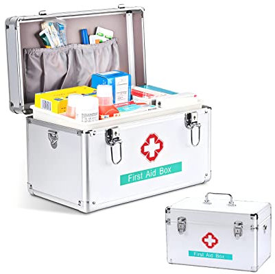 2 Layer Portable Aluminum Alloy Frame Medicine Storage Box with Lock First Aid Medicine Storage Box Childproof Medication Case Household Medicine Storage Box Medication Organizer Case With Handle