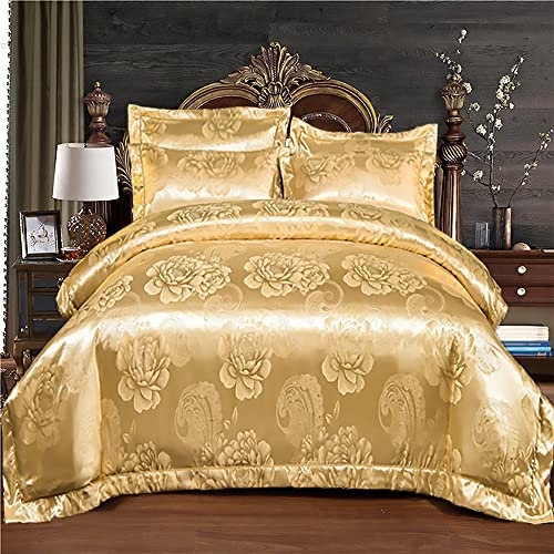 DXHOME Bettwäsche Gold 155x220 Satin Glatt Glänzend Luxuriös Jacquard Barock Sommerbettwäsche Muster Vintage Bettwäsche mit Reißverschluss und 2 Kissenbezüge 80 x 80cm