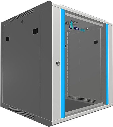 Extralink Serverschrank 19 Zoll 12HE – Netzwerkschrank 600mm Tiefe zur Wand- oder Standmontage, Traglast 60 kg, gehärtete Glastür, abschließbar 180° Öffnung, grau – für Heimnetzwerk & IT-Geräte