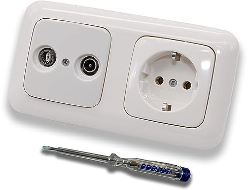 Busch Jäger SET: 2-Loch Durchgangsdose, Frequenzbereich 5-2400 MHz, Radio/TV/SAT-Kompatibilität inkl ReflexSi alpinweiß 2fach Rahmen + Steckdose 20 EUC-214 + EBROM Phasenprüfer zur Montage der Geräte