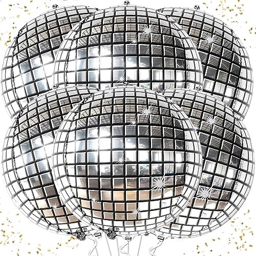 6 Stück Discokugel Luftballon, Discokugel Silvester Deko Folienballon, 22 Zoll 4D Diskokugel Luftballons Silber, Disco Ballons für Neujahr Deko, Geburtstag, Karneval, 70 80 90er Jahre Disco Deko Party