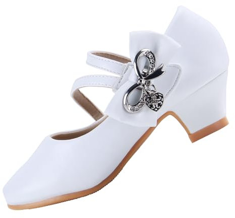 EIGHT KM Scarpe Mary Jane con Tacco Alto da Ragazza Principessa per Matrimonio e Festa EKM7035 Microfibra Pelle Athena Fiocco Metallico Bianco Taglia EU 29