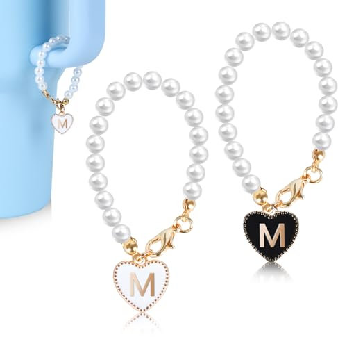 CoziCorner Stanley Cup Accessories Premium Gift, Pearl Letter Accessories for Stanley Cup/Simple Modern Tumbler, 2PCS Heart Shape Initial Name ID Personalized Handle Accessories (M)
