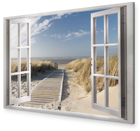 murando - Handart Fensterblick Kunstdruck auf Leinwand 90x60 cm 1 tlg Groß Kunstbilder wie Handgemalte Wandbilder XXL mit Acrylgel beschichtet Bilder mit Struktur Fenster Meer Strand c-C-0179-b-a
