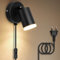 Dehobo Wandleuchte mit Stecker und Schalter - LED Wandlampe Innen GU10 Schwarz Matt Rund Drehbare 350°- Wandleuchte mit Kabel für Schlafzimmer Studie Büro - Ohne Leuchtmittel
