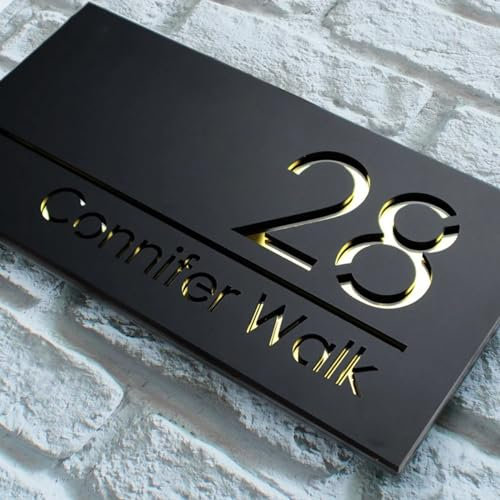 Placa personalizada con números de casa para exteriores, acrílico cortado con láser 3D, placas de dirección con nombre de calle (negro dorado)