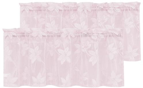 DWCN 2 x weiße Vorhänge mit floralem Spitzenmuster für die Küche – Stangentasche, halbes Fenster, durchscheinende Vorhänge für kleines Fenster, Wohnzimmer, Café, 106,7 x 45,7 cm, Sakura-Rosa