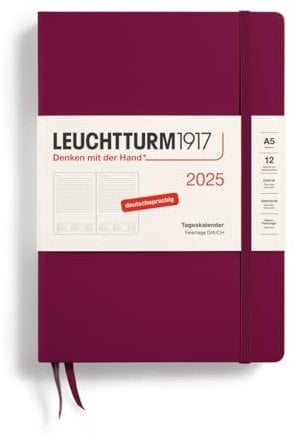 LEUCHTTURM1917 370595 Tageskalender Medium (A5) 2025, Port Red, Deutsch