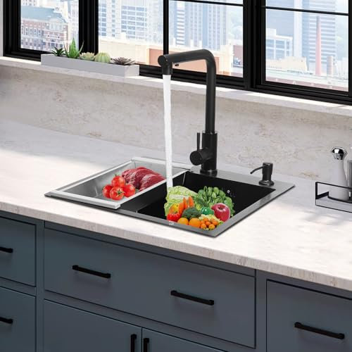 Fregadero de cocina negro, 50 x 45 cm, de acero inoxidable, con juego de grifería, incluye grifo extensible, cesta colador plegable, dispensador de jabón, sifón y rebosadero
