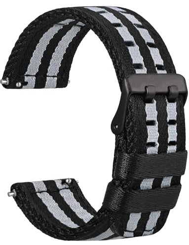 WOCCI 22mm Nylon Uhrenarmband für Herren, Seidiges Nylon mit Doppellöchern, Schwarze Schnalle (Schwarz Grau)