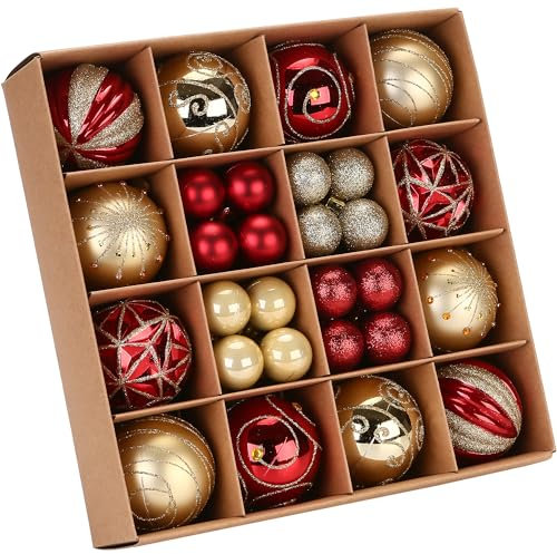 Sea Team 44er-Set Kleiner Weihnachtskugeln mit Strings, Größe 30-60mm/1,18-2,36 Zoll, aus splitterfreiem Kunststoff in Rot & Gold, ideale Dekoration für Weihnachtsbaum, Kranz und Girlande.