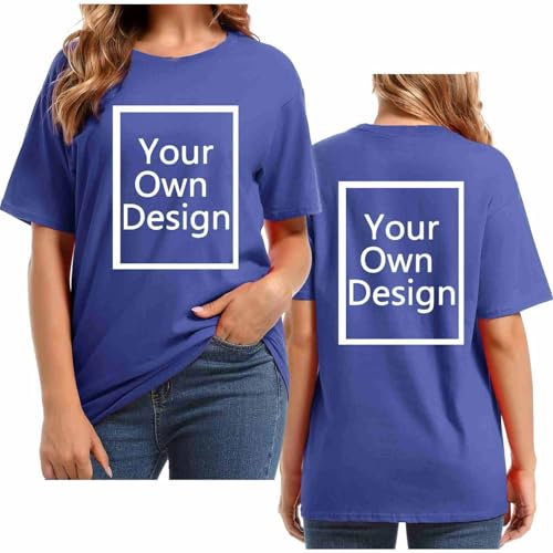 Blue Create Your Own T-Shirt - Womens Plus Size Custom T-Shirt Printing Front & Back - Personalised Summer Oversized Short Sleeve Loose Tops