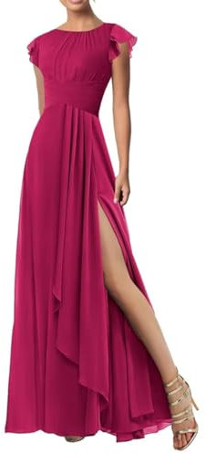 WSEYU Vestido de gasa para dama de honor, plisado, acampanado, para dama de honor, vestido de noche formal, fucsia, 48