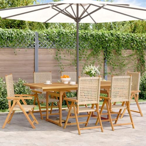 Somanki 7-TLG. Garten-Essgruppe Poly Rattan und Massivholz Beige, Esstisch Mit Stühlen Set, Gartenmöbel Sitzgruppe, Balkon Möbel, Gartenlounge Set, Terrassenmöbel, Balkonmöbel Set - 3281732