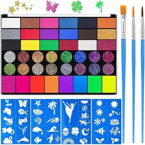 CHASPA Face Paint with 42 Colors, Face Painting Kit with Stencils and Brushes, UV Paint for children and Adults, Professional Face Paint for Festivals Parties Halloween Makeup Cosplay