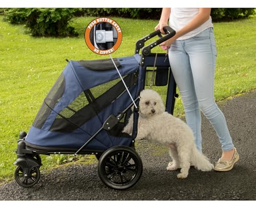 Pet Gear NO-Zip Pet Stroller with Dual Entry, Push Button Zipperless Entry for Single or Multiple Dogs/Cats, Pet Can Easily Walk in/Out, Gel-Filled Tires, Navy, Excursion