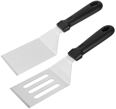 2 espátulas pequeñas de metal de acero inoxidable profesional para uso en cocina con mango resistente al calor, espátula para tortitas, huevos, parrilla, raspador