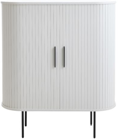 Liadomo Uriel Highboard, Lamellen-Design, Schiebetüren, moderner Retrolook, Metallakzente, Zwei Einlegeböden, praktische Metallfüße in Schwarz, in Eiche Furnier Weiß, 100x118x40 cm