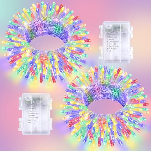 2 Stück LED Lichterkette Innen Außen, Insgesamt 20M 200 LED Farbig | Batterie Weihnachtsbaum Lichterkette Weihnachtsdeko 8 Modi Wasserdichte für Garten Party Außen Innen