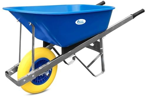 Equimed Garden Wheelbarrow - Trolley with 120L Plastic Bucket, Puncture-Proof PU Wheel, Galvanised Frame (Blue/Yellow)