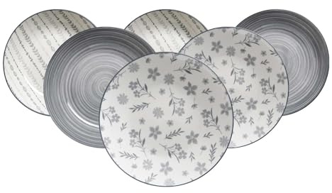 Ritzenhoff & Breker Sendai Mix Suppenteller-Set 6-teilig – 20 cm – Mix & Match Boho-Geschirr in Grau – Elegante tiefe Teller mit modernem Dekor – Porzellan, Spülmaschinengeeignet