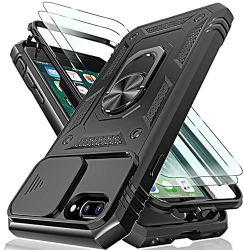 HpulaCase for iphone 7 Plus / 8 Plus Case with Camera Cover Slider, 2*Screen Protectors,Build in 360°Rotating Ring Kickstand, Military Grade Protective Case for iphone 6 Plus-Black