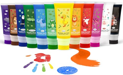 Nabance Fingerfarben Kinder Ungiftig mit Schwammaufsatz 12 Farben 50ml Fußabdruck Baby Farbe Fussabdruck Fingermalfarben Babysichere Abwaschbar Geschenke für frühkindliches Lernen Malen