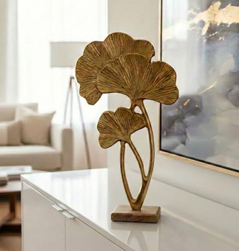 LB H&F Ginkoblatt Skulptur Dekobjekt 39cm Deko Ginko Holz Metall Silber Pflanze zum hinstellen Dekoobjekt (Gold 1)