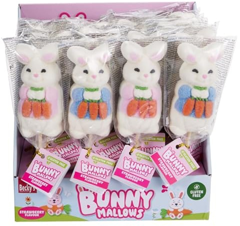 Becky’s Bunny Mallows Marshmallow-Lolly 35g – 24er Vorratspack – Süße Osterhasen-Figuren mit Erdbeergeschmack – Glutenfrei & Fettfrei – Ideal als Ostergeschenk (Lolli Bunny Marshmallow)