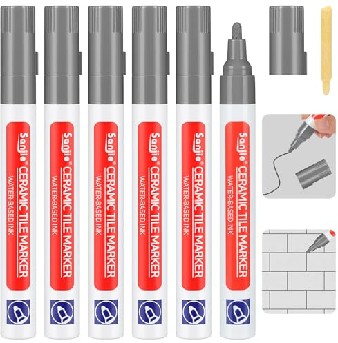 AOOSU Fugenstift Grau, 6 Stück Fugen Reparatur Stift Fugenmörtel Wasserfest mit 6 Ersatzspitze, Fliesen Reparaturstift Reparatur Marker für Fliesen Wand Boden von Fliese Badezimmer