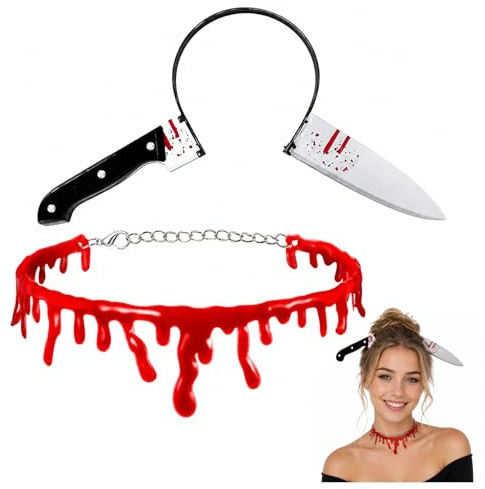 YONEEKSS Fasce per capelli con coltello finto e collana a goccia insanguinata da vampiro, raccapricciante fascia in plastica per Halloween, 2 accessori per costume di Halloween, oggetti di scena per