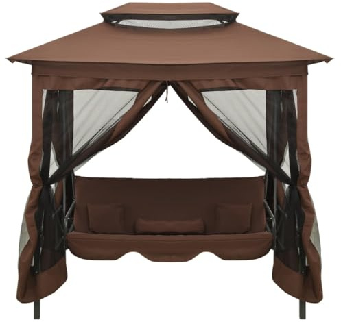 Hothingwell Gazebo da Giardino con Tende, Panchina a Dondolo Convertibile in Letto, Struttura in Acciaio Verniciato a Polvere, 220x160x240 cm, Colore Caffè, Include 4 Cuscini
