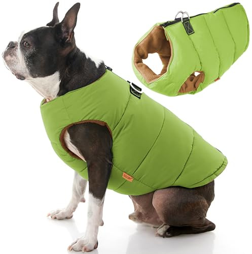 Gooby Padded Vest - Green, Small - Warm Zip Up Dog Vest Fleece Jacket with D Ring Leash - Water Resistant Dog Sweater
