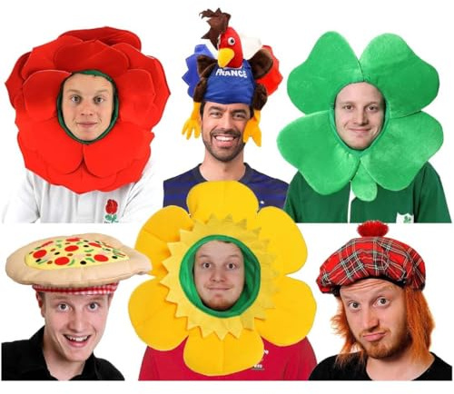 Six Nations Rugby-Hüte für Erwachsene – Rose, Tam O'Shanter, Klee, Narzissen, Hahn und Pizza – Rugby-Themen-Kopfbedeckung England, Schottland, Irland, Wales, Frankreich und Italien, 6 Stück für