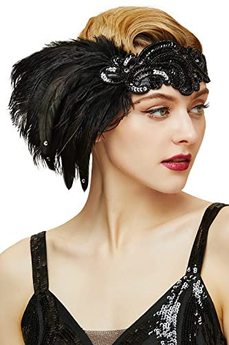 Coucoland 1920s Stirnband Feder Damen 20er Jahre Stil Flapper Charleston Haarband Great Gatsby Damen Fasching Kostüm Accessoires (Schwarz)