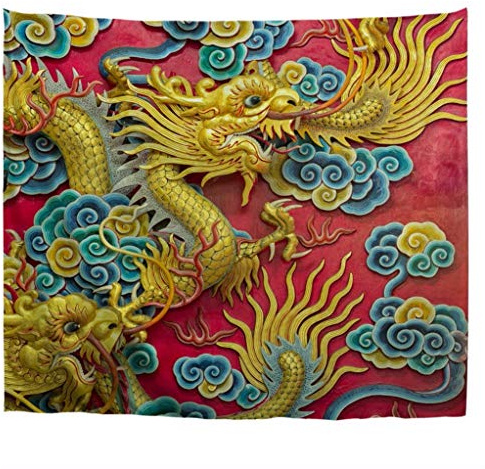 A.Monamour Wandteppiche Alten Asiatischen Chinesischen Goldenen Drachen Fengshui Glück Totem Hintergrund Stoff Wandteppich Wandbehang Vorhang Für Schlafzimmer Wohnzimmer Schlafsaal 153x130cm
