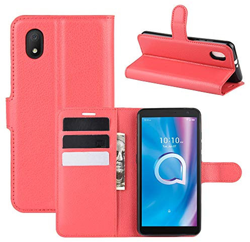 ROVLAK Funda para Alcatel 1B 2020 Case Flip Cover Cartera con Ranura para Tarjetas Estuche de Cuero PU + Interior de Silicona TPU Case con Soporte Carassa para Alcatel 1B 2020 Smartphone,Rojo