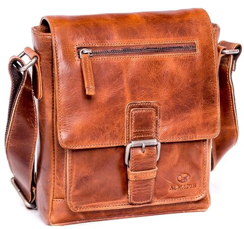ALMADIH Leder Umhängetasche Herren LUIS perfekt für Tablet iPads 9.7 zoll - Kompakte echte Ledertasche Herren Schultertasche kleine Herrentasche Herrenhandtasche Männer braun (LUIS Deluxe)