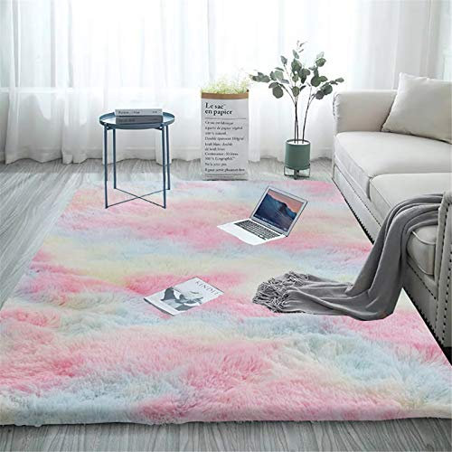 Aujelly Soft Area Rug Schlafzimmer Shaggy Teppich Zottige Teppiche Flauschige Bunte Batik-Teppiche Carpet Neu Regenbogen 150 x 240 cm