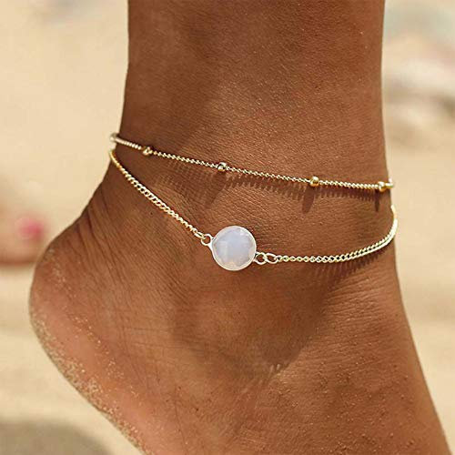 TseenYi Bracelet de cheville bohème en pierre de lune opale - Doré - Chaîne de pied pour femme et adolescente (doré)