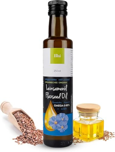 Elixi Ekologisk Kallpressad Linfröolja 250 ml, Växtbaserad Omega-3 Olja med 59% ALA, Vegansk från Finland, i Glasflaskor utan Tillsatser